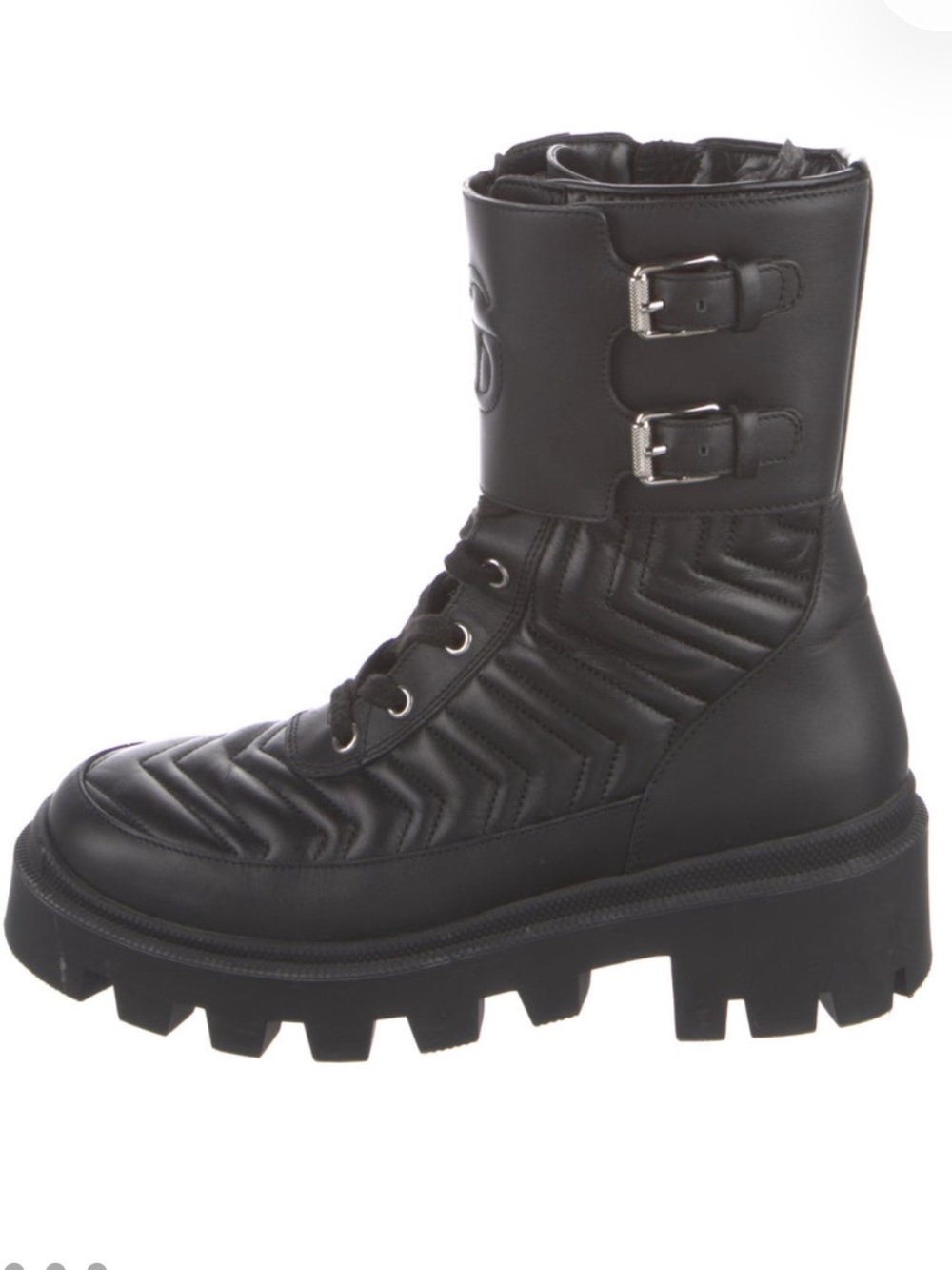 Gucci Black Quilted Leather GG Mattelasse Combat Boots with Buckles 7.5